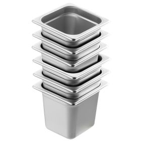 6 Pack Hotel Pans, 1/6 Size Anti-Jam Steam Pan, 0.8mm Thick Stainless Steel Restaurant Steam Table Pan, 6-Inch Deep Commercial Table Pan