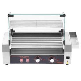 Hot Dog Roller, 12 Hot Dog 5 Rollers, Stainless Steel Sausage Grill Cooker, 750W Commercial Hot Dog Machine with Dual Temp Control, Cover